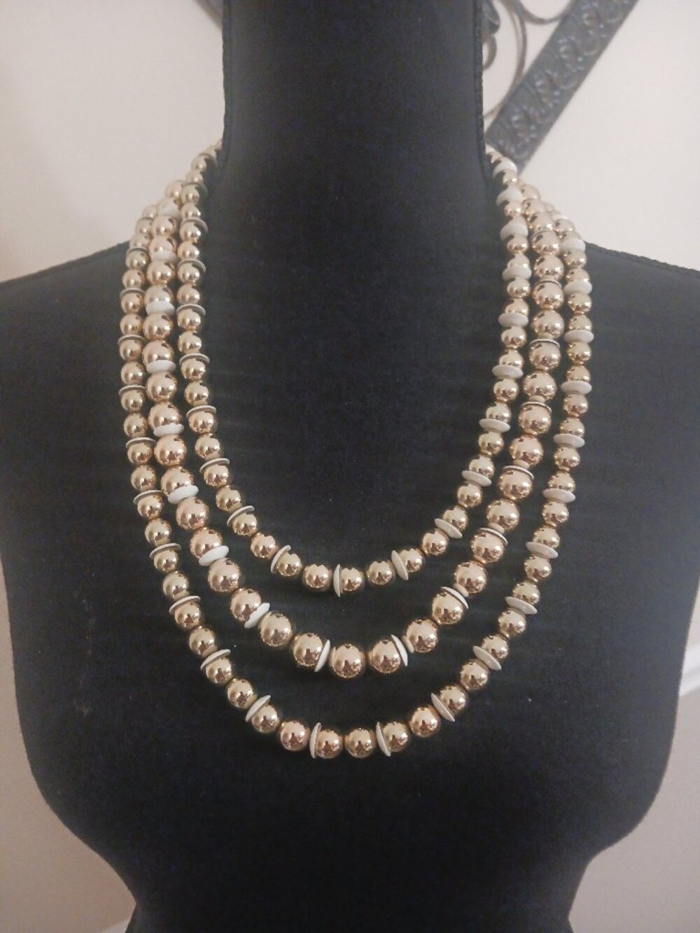 Excellent Condition 3 Strand Gold Tone Ball and Ivory Statement Necklace
